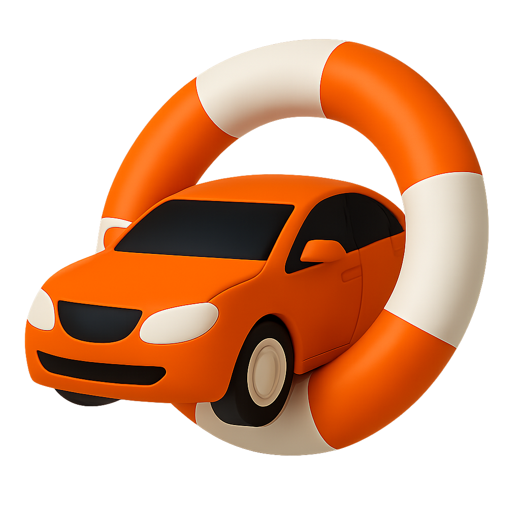 Auto sobre flotador naranja con expresión tranquila, flotando en agua azul con ondas suaves, fondo claro y ambiente relajado